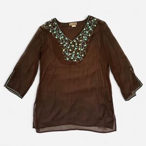 VTG Peppermint Bay Brown Sheer Tunic with Turquoise Beading Shells Size M